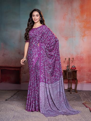Image of Garden Vareli Floral Print Crepe Saree With Unstitched Blouse Piece