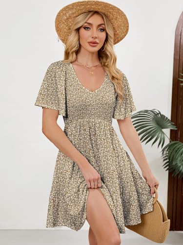 Image of UEAL Womens Cute Floral Smocked V Neck Flutter Sleeve Sundress with Pockets Casual Spring Summer Dresses for Women 2026