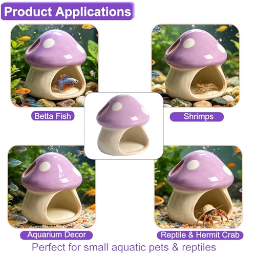 Image of Ceramics Mushroom House Aquarium Decor - Axolotl & Betta Hiding Cave with Breeding Spot for Betta Fish, Shrimp, Small Fish & Goldfish Tank Ornament - Purple