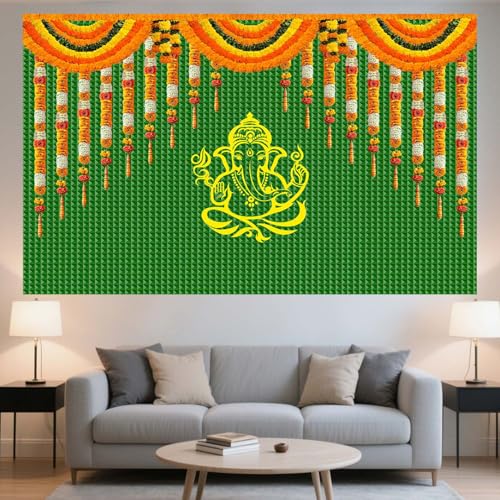 Image of 15x10FT India Pooja Traditional Backdrop Marigold Green Banana Leaf Chatiya Ganesh Traditional Festival Photography Background Puja Ganpati Wedding Party Decoration Photo Props