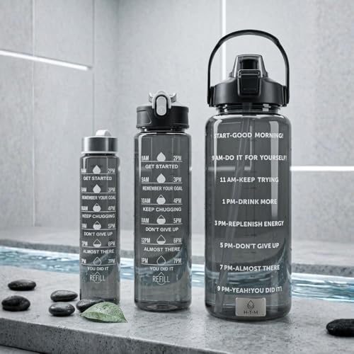 Image of Set of 3 Transparent Water Bottle 2000ML, 900ML, 300ML with Motivational Time Marker | Leak Proof&Break-Proof | Best Usage For Office /School /Gym /Travel Water Bottle