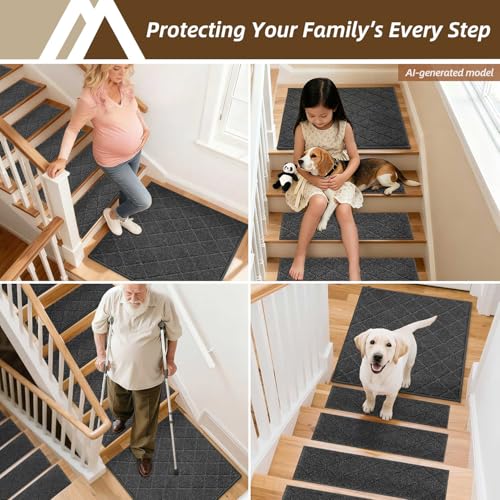 Image of COSY HOMEER Edging Stair Treads Non-Slip Corner Indoor Stair Runners for Wooden Steps,Landing Slip Resistant Stair Rugs Mat for Kids and Dogs,100% Polyester TPE Backing,Black,30x30 inch
