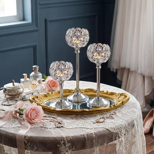 Set of 3 Silver Crystal Metal Tealight Candlestick, Bling Bowl Candelabras, Tall Votive Candle Holders Elegant Candle Centerpiece for Dining Table Wedding Decor - Image 6