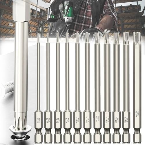 Mikqky 11 Pièces Jeu Long Torx Pour Tournevis à Tête Tige Hexagonale, Sécurité Bit Magnétique 1/4, 1,7-6,65mm (T6-T40)