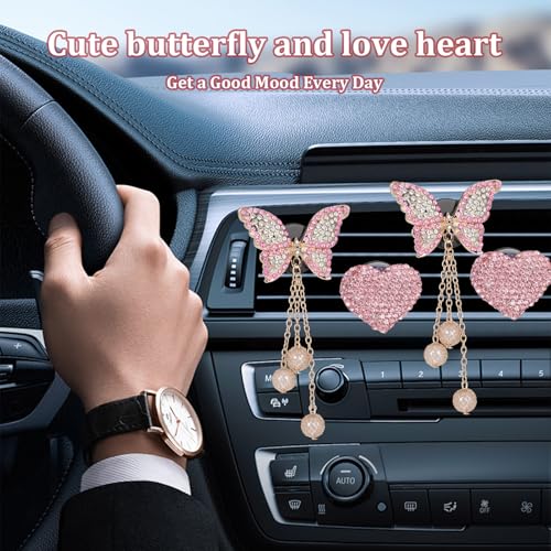 Image of 4 Pcs Heart and Butterfly Pandent Air Vent Clips, Car Air Fresheners Vent Clip, Crystal Car Vents Accessories, Bling Airs Vents Clips Cars Accessories