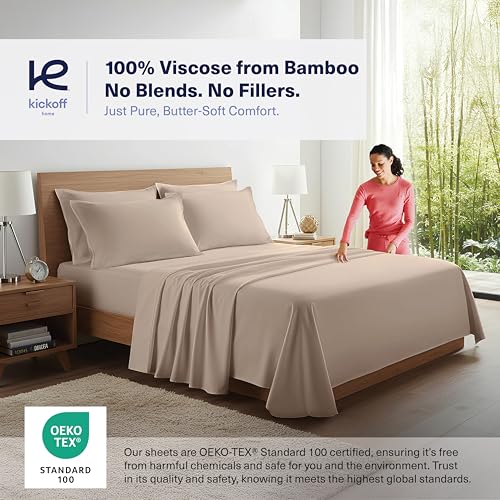 Kickoff Viscose Bamboo Sheets Twin Size 3-pc 100% Organic Bamboo Viscose Bed Cooling Sheets Twin Size Set Cool Bedding for hot Sleepers Sheet, Flat, Fitted, Pillowcase (Iced Latte, T)