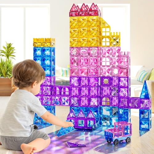 Magnetic Tiles Educational Toys, 50PCS Magnetic Blocks Building Set with Marbles Run for Kids Ages 4-8, Magnet Tiles STEM Learning & Sensory Toys for Girls Boys Perfect Preschool Toy for Toddlers 3-5