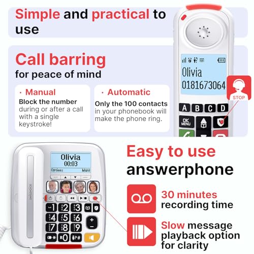 SWISSVOICE - Xtra 3355 Combo - DECT - Corded Telephone Cordless Handset - Large Keys Answering Machine - Audio Boost - Loud Ringtones - Hearing Aid Compatible - Call Block - White - Image 5