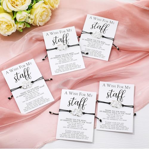 20 Sets Staff Appreciation Gifts Bulk Team Puzzle Piece Bracelet Bulk with Employee Thank You Postcard a Wish for My Staff Inspirational Favors for Teacher, Coworkers, Students4