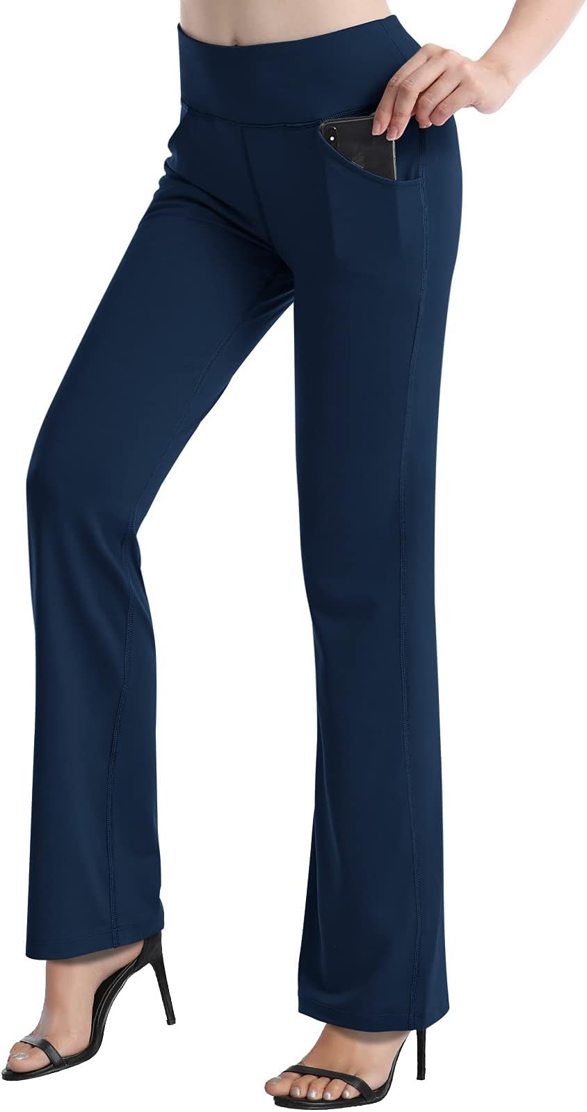 Inner Pocket Yoga Pants 4 Way Stretch Tummy Control Workout Running Pants, Long Bootleg Flare Pants