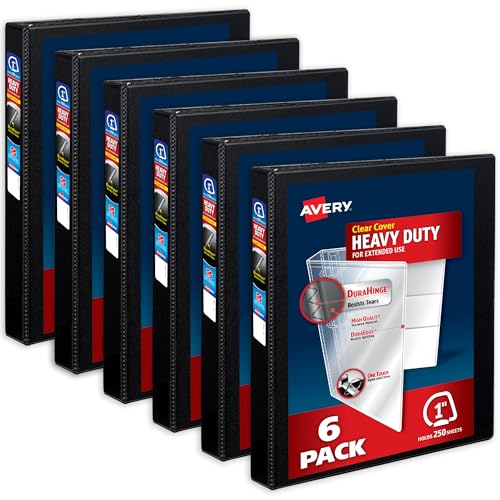 Image of Avery Heavy-Duty View 3 Ring Binders, 1 Inch One Touch Slant Rings, 250-Sheet Capacity, DuraHinge, 1.4 Inch Wide Spine, Customizable Clear Cover and Spine, Black Binders (6-Pack of 79275)