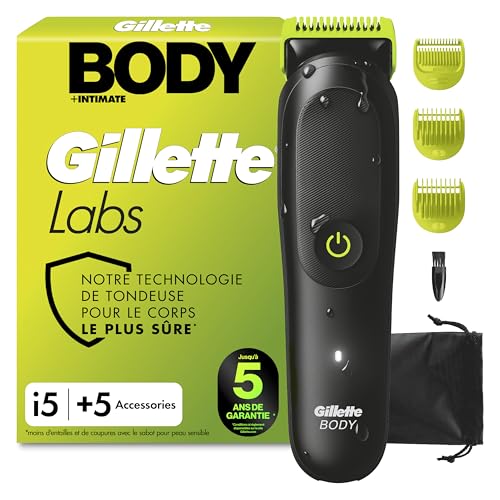 Gillette Labs Body Plus Intimate Tondeuse Homme i5, Tondeuse Corps et Zone Intime, Étanche, Coffret Homme avec 3 Sabots dont un pour Peau Sensible,...