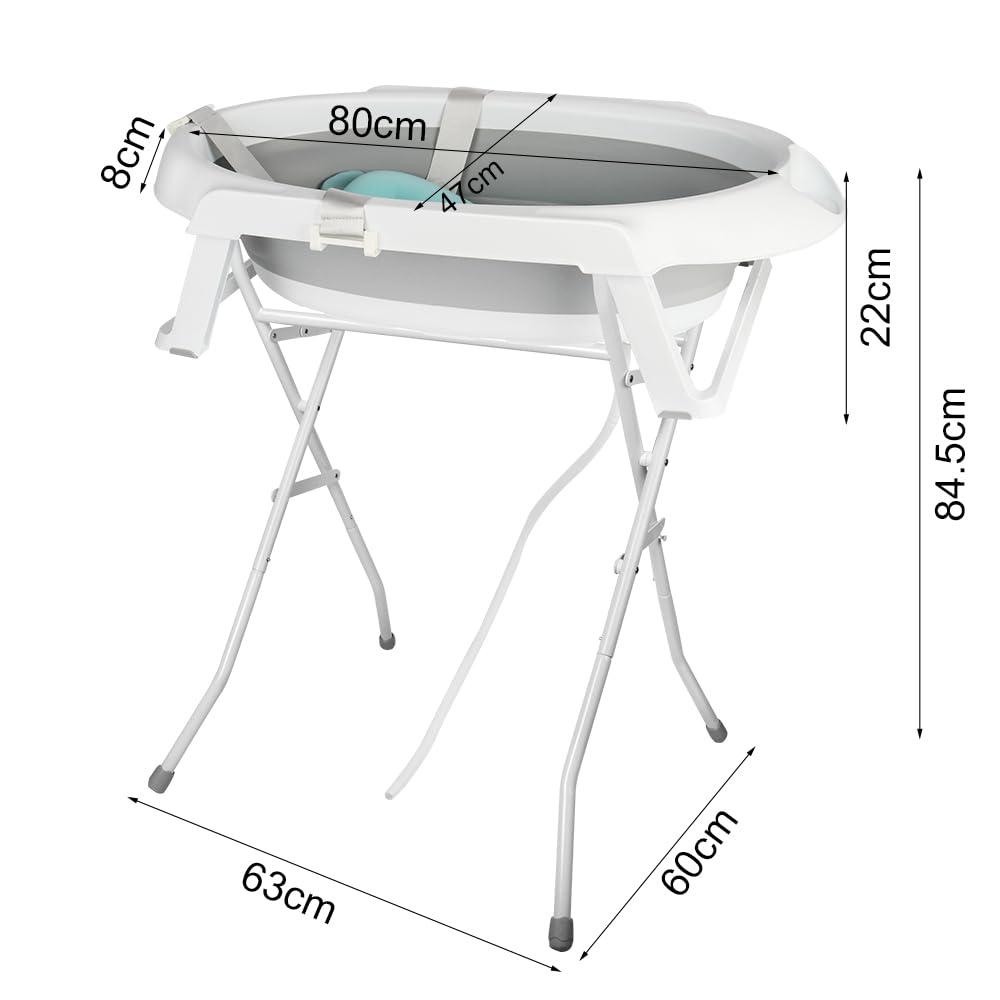 Składana wanna 2 w 1 z przenośnym otworem drenażowym i podstawką 85 cm, wanna z poduszką kąpielową dla dzieci, wanna na nogach z tworzywa sztucznego PP+TPE (szara 80 x 47 x 22 cm + 85 cm)