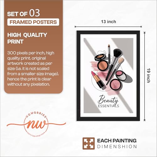 Image of NoWorries inchPink Fashion Wall Art Framed Painting Set of 3 | Perfume Bottle, Makeup Essentials & High Heel Illustration Posters with Frame | Glam Beauty Decor Frames for Bedroom, Vanity, Salon, Girls Room | Modern Chic Framed Wall Art (Art-18, 13x19inch, Wooden)