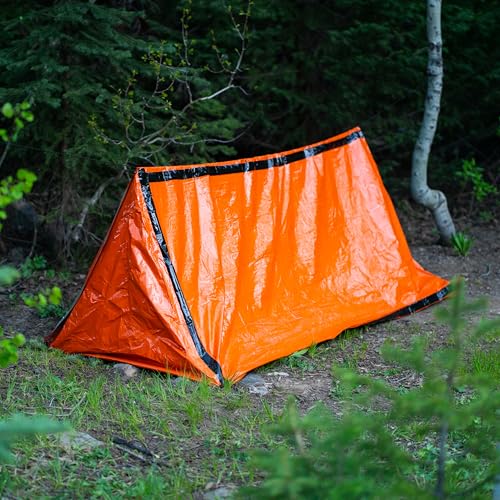 SURVIVE Survival Tent with Doors, 2 Person Mylar Emergency Camping Hiking Shelter for Survival Kits, All Weather Protection, Includes Paracord and Whistle (Orange)