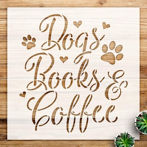 Dog and Book Coffee Stencil Pattern for Wood Signs and Home Decor, Reusable Mylar Template for Animal Lovers and DIY Craft Projects - Size A1 (23.4