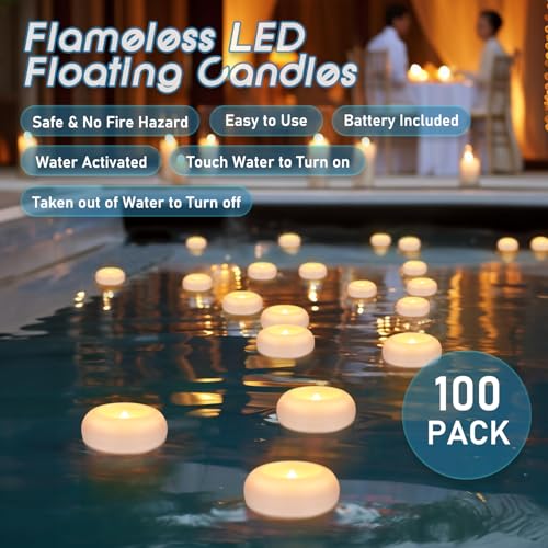 Image of 100 2-inch Floating Candles, Water Activated Flameless Tea Light | Battery Operated Waterproof Warm White LED Lights for Wedding Decorations, Pool Decor, Vase Fillers, and Party