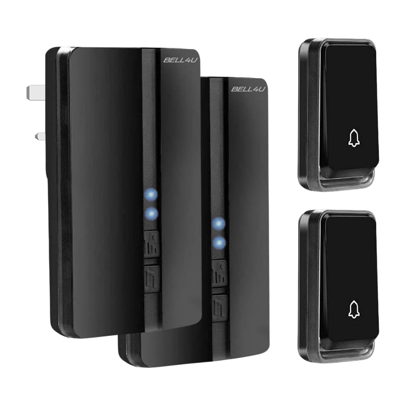 Bell4U Wireless Doorbell Kit, 2 Plug-in Receivers + 2 Push Buttons, No Batteries Needed, 700 feet Long Range, 51 Chimes, 4 Volume Levels, IP65 Waterproof, Easy Plug & Play – Black