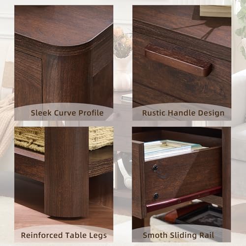 Image of Joaxswe Farmhouse Night Stand Set of 2 with Charging Station, Wood Bed Side Tables Bedroom Set of 2 with Drawer & Open Storage Shelf, Walnut