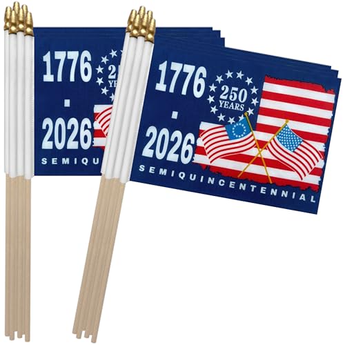 TSMD 250th Anniversary USA Flag Small 250 Year Patriotic Flags on Stick 1776-2026 Independence Day Mini Handheld Flags 4th of July Decorations 5x8 Inch 12 Pack