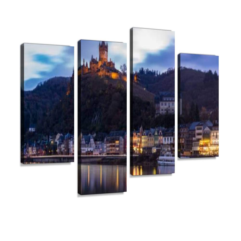 Canvas Print Artwork Moselle Riverbank in Cochem Germany with Imperial Castle on Hillside Wall Art Pictures Framed Digital Print Abstract Painting Room Home Office Decor Ready to Hang - 4 Panel