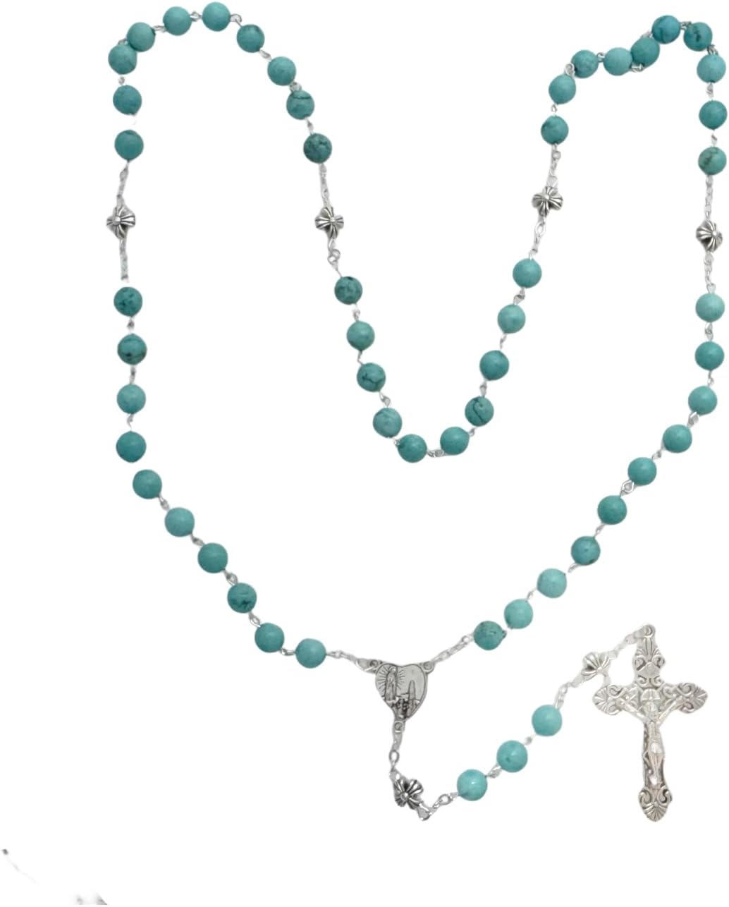 Intercession Catholic Prayer Rosary, Turquoise Beads with Silver Crucifix, Decorative Floral Our Father Beads