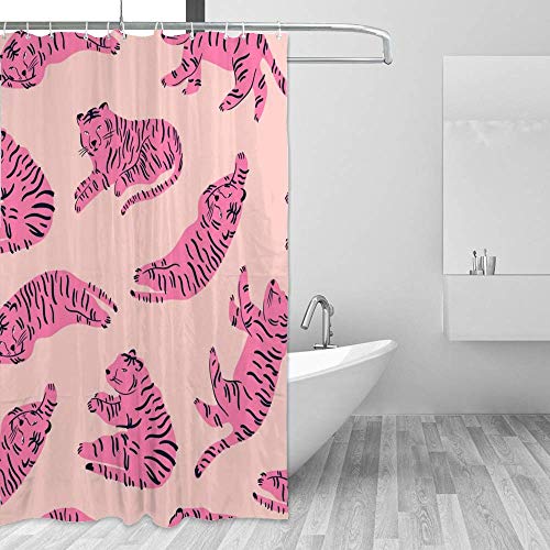 Rideau de douche lavable en machine polyester imperméable tigre rose 12 crochets