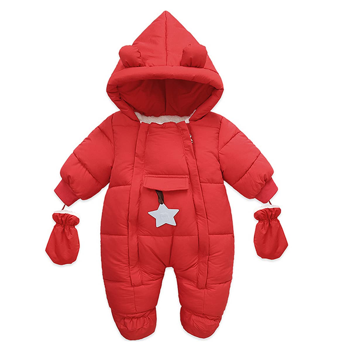 DINGDONG'S CLOSET Baby Boys Girls Winter Snowsuit Ears Hooded Star Puffer Padded Outwear with Mittens(Red, 6-9M)