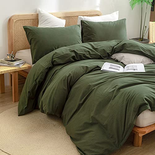 Image of BESTOUCH Cotton Solid Duvet Cover Set Olive Green Oversized Queen | 100% Washed Cotton, Soft Wrinkle Texture, Hidden Zipper, 8 Ties, Breathable Lightweight Durable Comfy, 3 Pcs No Insert