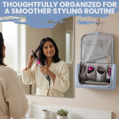 Image of OCEANEVO Travel Pouch for Airwrap Styler WITH Makeup Sponge, Storage Organiser Bag for Airwrap Attachments with Hanging Hook (Bag Only) - 31 x 14 x 16 Cm - Sky Blue - 1 Year Warranty