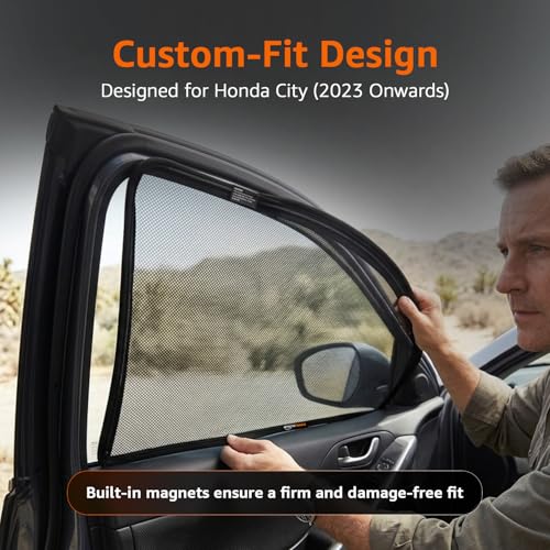 Image of Amazon Basics Side Window Sun Shade for Honda City (2023 Onwards) - Front Half Cut + Rear Zipper | Custom-Fit Magnetic Car Curtains | Black | Pack of 4 Pcs | Cotton Mesh