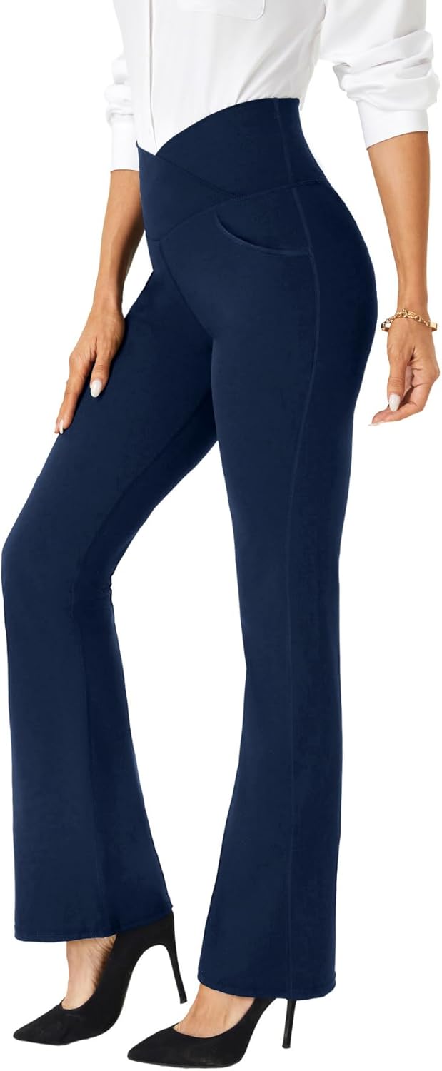 TOPYOGAS Womens Bootcut Crossover High Waisted Dress Pants Work Pants Business Office Casual Slacks with Pockets Navy Blue