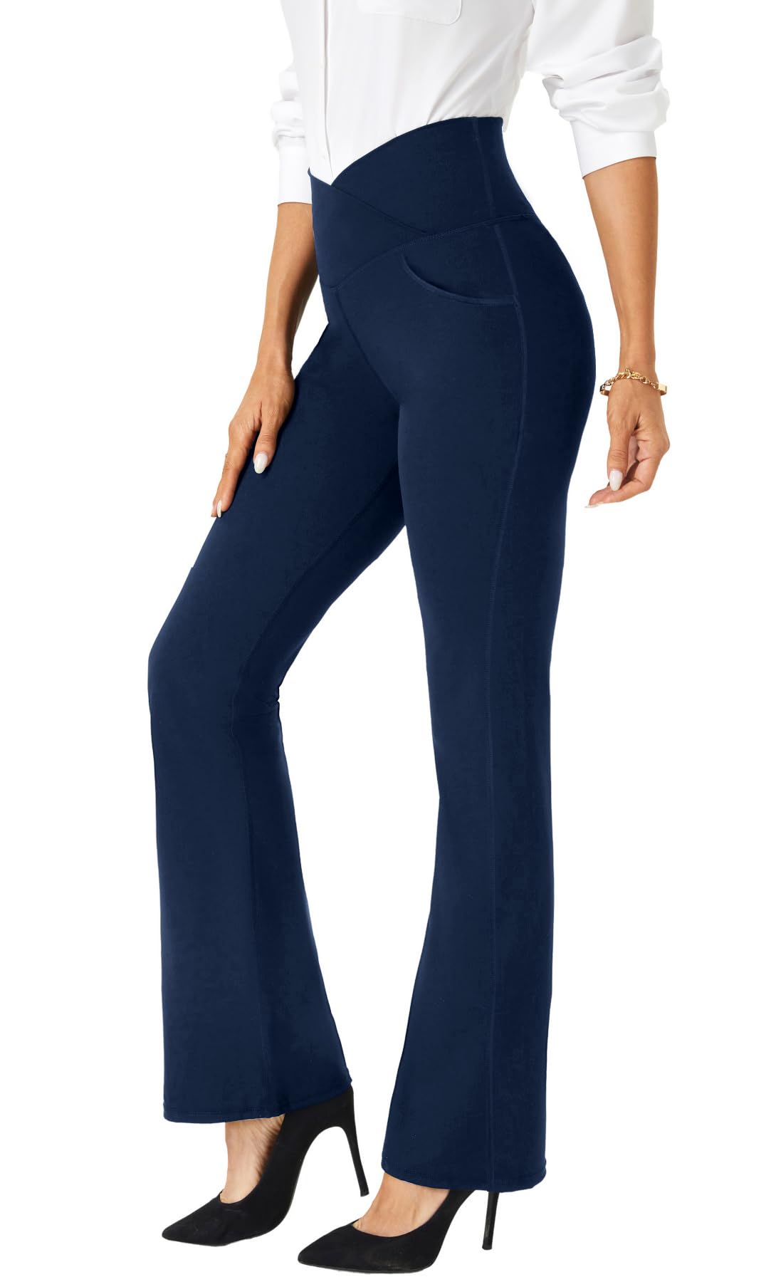 TOPYOGAS Womens Bootcut Crossover High Waisted Dress Pants Work Pants Business Office Casual Slacks with Pockets Navy Blue