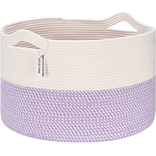 Image of Sea Team XXXL Cotton Rope Basket, Large Woven Nursery Storage Bin, Laundry Hamper, Jumbo Blanket Basket for Rugs, Cushions, Pillows, Toys Organizer, 22 x 14 Inches, White & Mottled Lavender