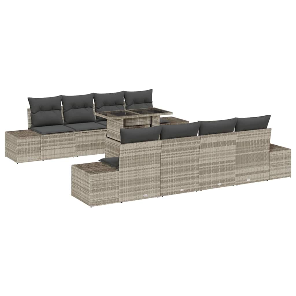 Set di divani da giardino modulari, 9 pezzi, in polyrattan, grigio