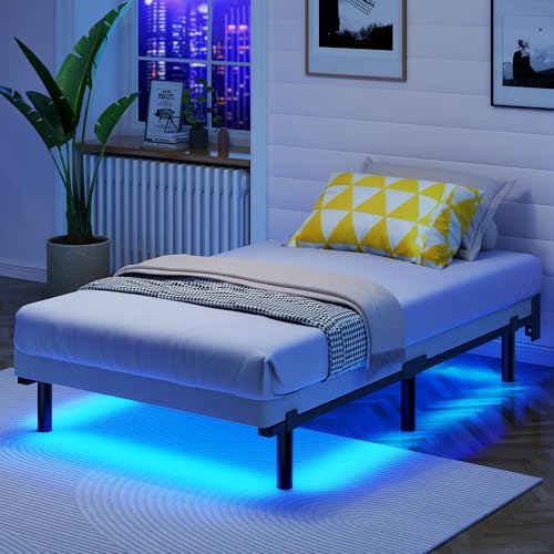 Awesofurni Twin Bed Frame with Smart LED Lights 7 Inch Basics Metal Bed Frame Heavy Duty 9-Leg Base for Box Spring and Mattress Noise-Free Easy Assembly Black