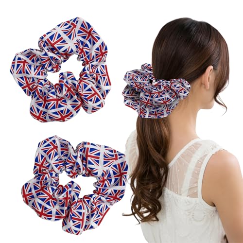 LEHEEYWT 2PCS Union Jack Hair Scrunchies British Flag Hair Tie Scrunchie for Women Girls Soft Scrunchies for UK Patriotic Style Everyday Wear (Blue Cover)