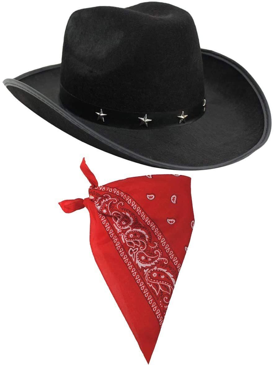 I LOVE FANCY DRESS Cowboy Hat & Cowboy Neckscarf Accessories. Black Star-studded Cowboy Hat & White Bandana. Wild West Western Sheriff. Pack of: 1 | Bandana Colour: Paisley Red