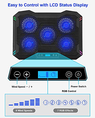 SWORDFISH-RGB-Laptop-Cooling-Pad-10-173-Laptop-Cooler-with-5-Quiet-LED-Fans-6-Adjustable-Wind-Speeds-7-RGB-Light-Effects-LCD-Screen-8-Adjustable-Angles-2-USB-Ports-Metal-Mesh