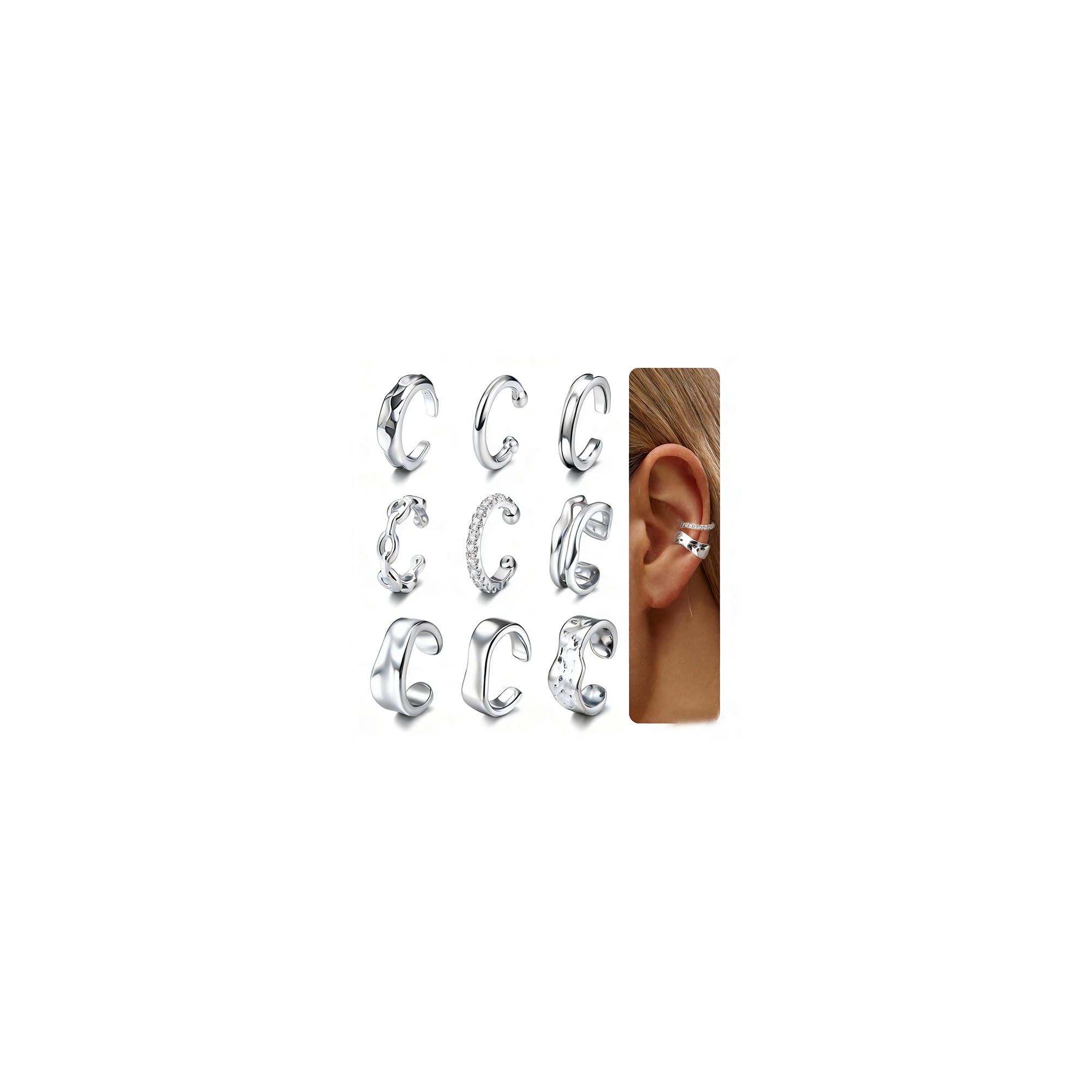14K Gold/Silver Plated Ear Cuff Non Piercing Earrings for Women Men - Ear Cuffs Earring Non Pierced Ears Adjustable Clip On Trendy Fake Cartilage Conch Helix Jewellery 9 Pcs Set with 5A CZ