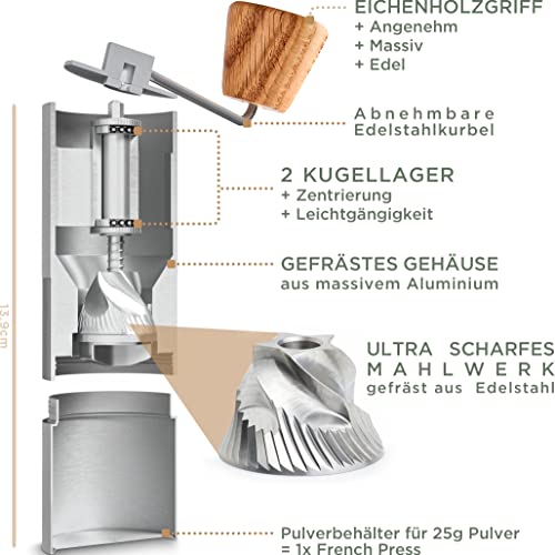 WALDWERK Kaffeemühle - Kaffeemühle manuell mit präzisem Edelstahlmahlwerk - Kaffeemühle Kegelmahlwerk mit Holzgriff - plastikfreie Espressomühle – Bild 3