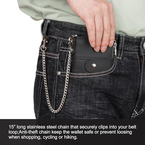 Mens Wallet with Chain, Genuine Leather Wallet RFID Blocking Bifold Purse Zipper Coin Pocket with Anti-Theft Chain2