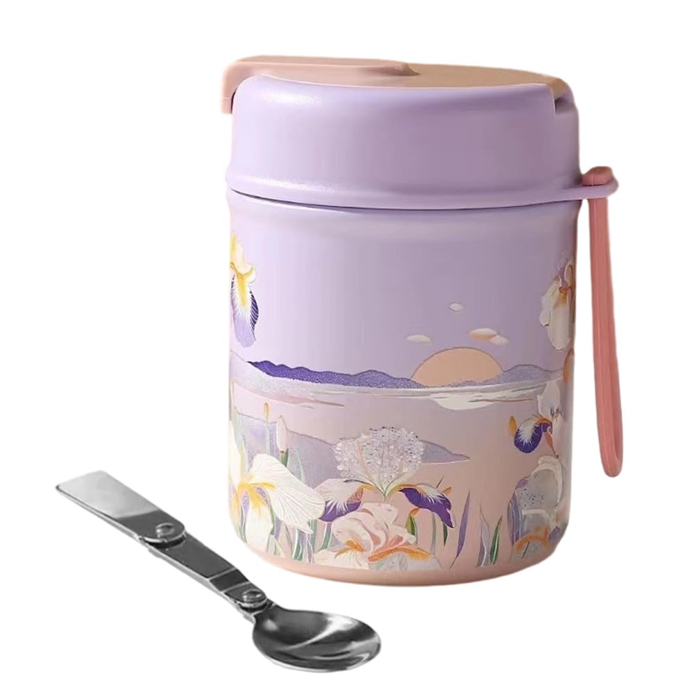 Mioyoow Purple 500Ml Thermal Food Jar, Stainless Steel Leakproof Vacuum Insulated Food Container With Folding Spoon For Hot Cold Drink