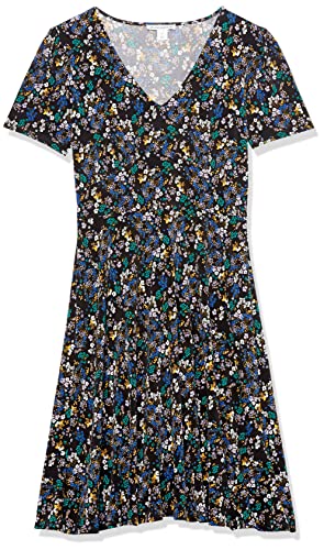 Image of Amazon Essentials Women's Short Sleeve V-Neck Gathered Flattering Fit and Flare Dress