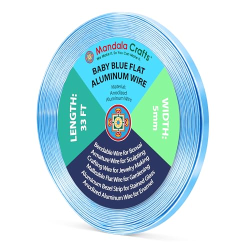 Image of Mandala Crafts 5mm Light Blue Flat Aluminum Crafting Wire for Sculpting | 33 FT, Anodized, Colored, Tarnish Resistant, Bendable, Flexible, for Jewelry Making, Bezel, Bonsai, Armature, Outdoor