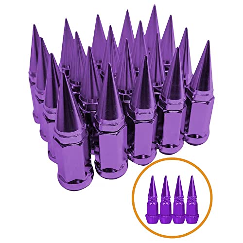 Image of 14mmx1.5 Wheel Spike Lug Nuts, Set of 20 Purple Lug Nut M14x1.5, Cone /Conical Bulge Seat,Closed End Nuts Extended Spike Tuner Wheel Rim Lug Nuts Tire Screw Refit with Gift Set 4pcs Aluminum Tires
