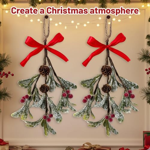 2er Set Mistelzweig, Weihnachtsdeko Mit Roter Schleife, Künstlicher Mistelzweig Zum Aufhängen, 26 cm Christmas Decorations, Weihnachtsstrauß Künstlich, Für Weihnachtsbaum Und Türdekor