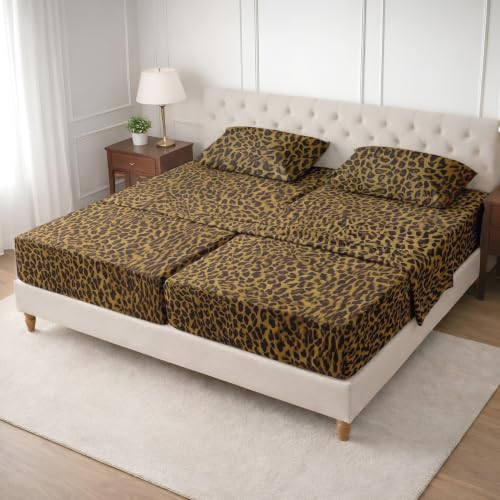 Image of SGI Split King Sheet Set for Adjustable Bed Egyptian Premium Cotton 600 Thread Count Sheets for Sleep Number Bed 15 inch Deep Pocket 5 Pc Set with 2 Twin XL Fitted Sheets Soft Breathable -Leopard Print