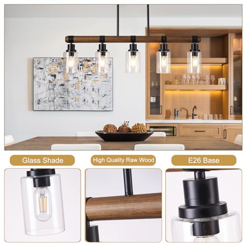 Maesta A012 Farmhouse Dining Room Light Fixtures Over Table, 5-Lights Adjustable Kitchen Island Lighting, Wood Island Light Fixture Rectangular Chandeliers Hanging Lighting thumb #5
