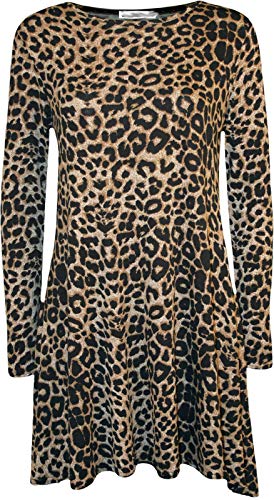 Re Tech UK Robe Patineuse - pour Femme - Jersey - Longueur midi/Manches Longues - Imprimé léopard - XXL EU 46 (Grande Taille)